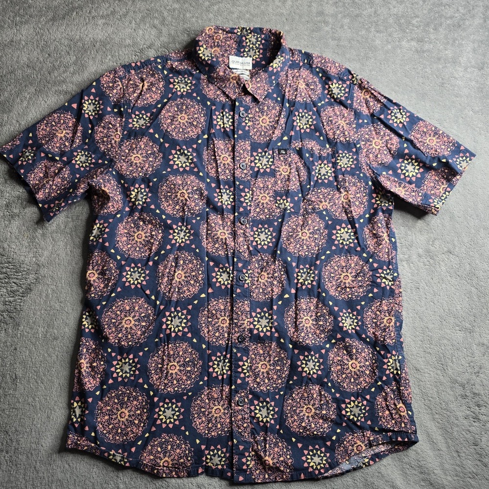Quiksilver Magic Eye Trippin Since 1969 S/S Button Up Shirt Mens L Geo Hippie